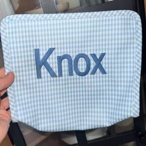 Knox TRVL roading bag embroidered personalized gingham zip up pouch toiletry
